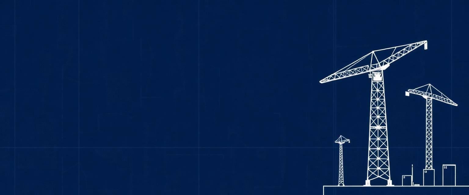 Blueprint-style illustration of tower cranes