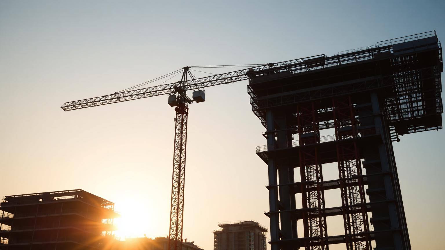 Tower crane beside a high-rise under construction at sunset